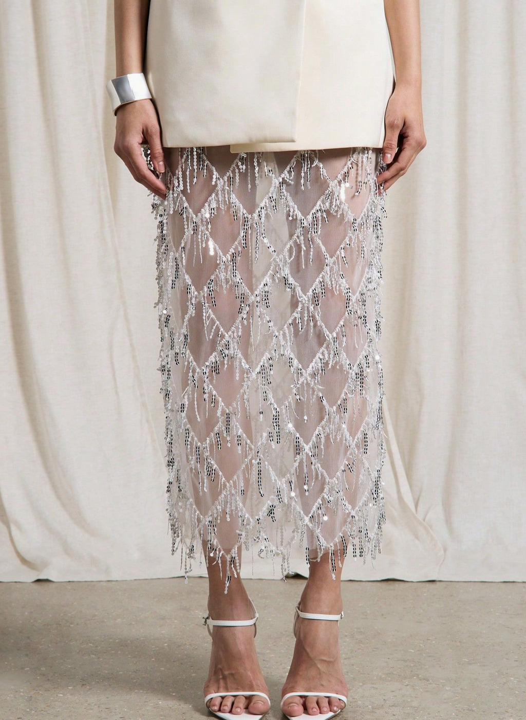 Tassel Sequin Party Skirt With Side Slit - Silver