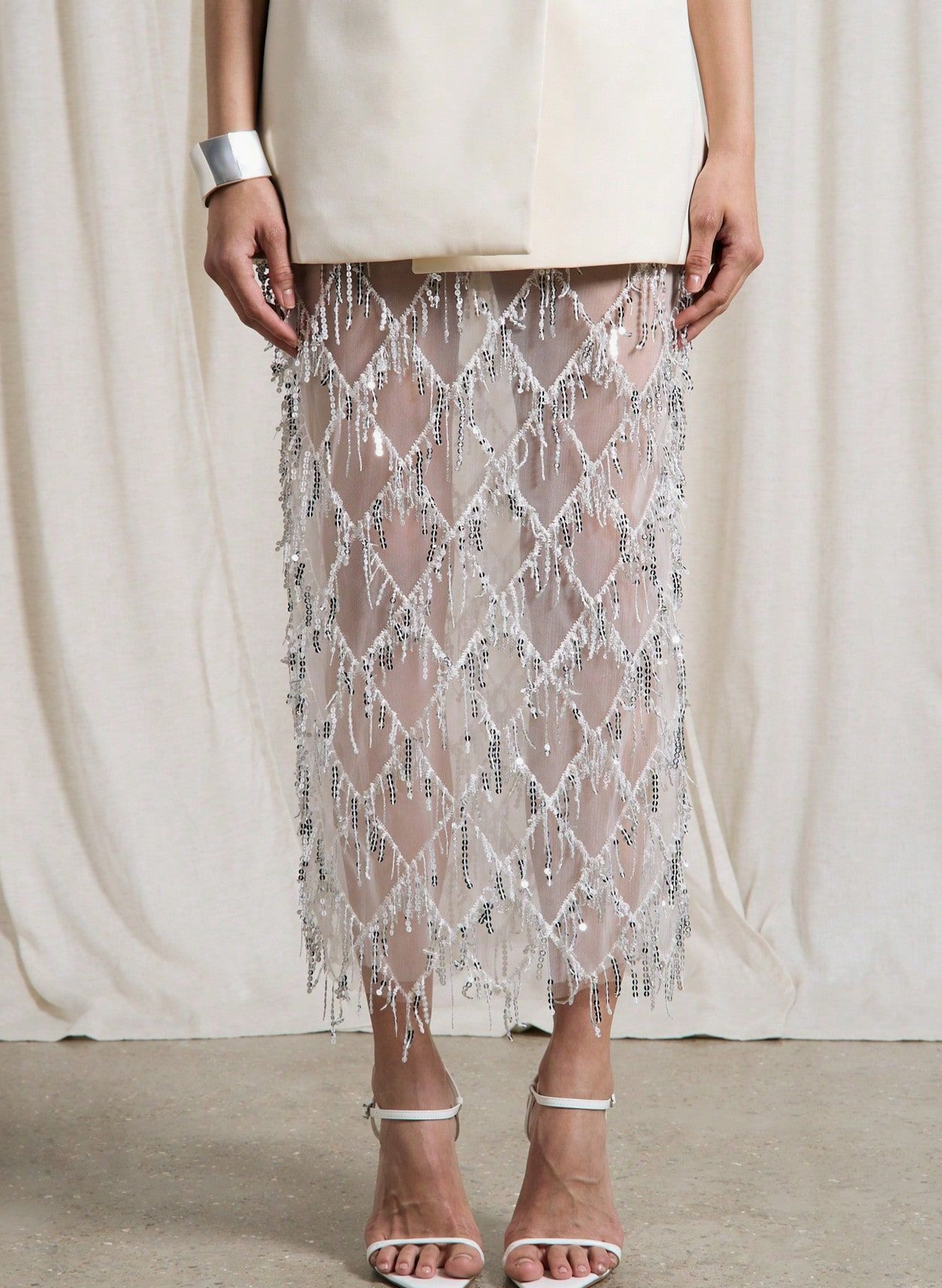 Tassel Sequin Party Skirt With Side Slit - Silver