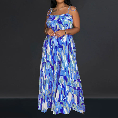 Abstract Print Tie Strap Smocked Wide Leg Jumpsuit - Blue