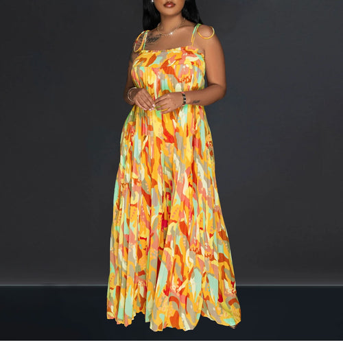 Abstract Print Tie Strap Smocked Wide Leg Jumpsuit - Yellow