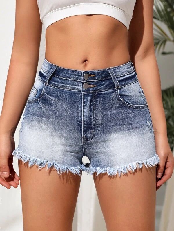 High Rise Double Button Frayed Denim Shorts - Blue