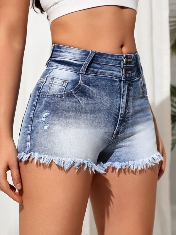 High Rise Double Button Frayed Denim Shorts - Blue - 1