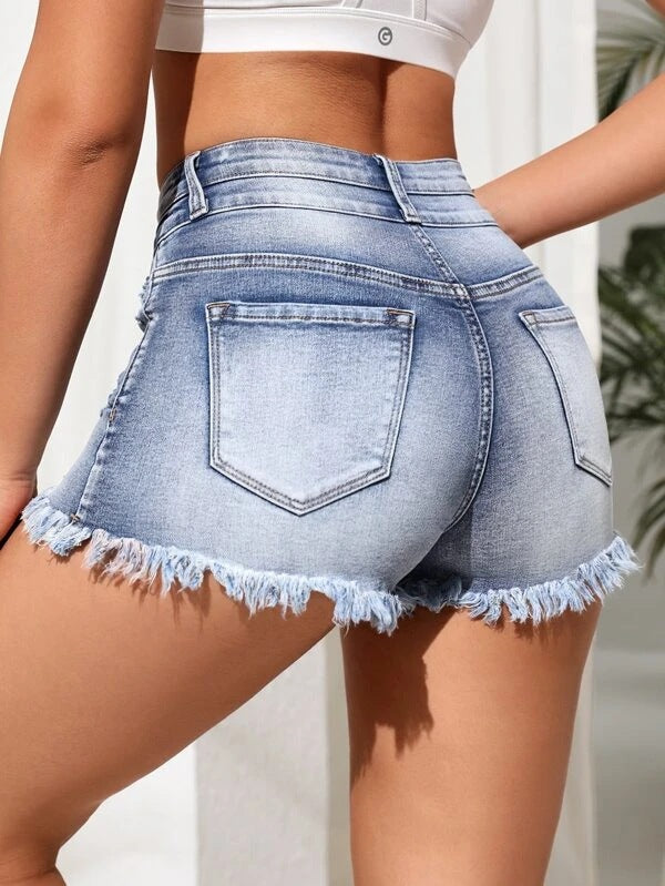 High Rise Double Button Frayed Denim Shorts - Blue - 2