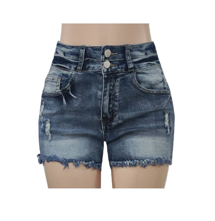 High Rise Double Button Frayed Denim Shorts