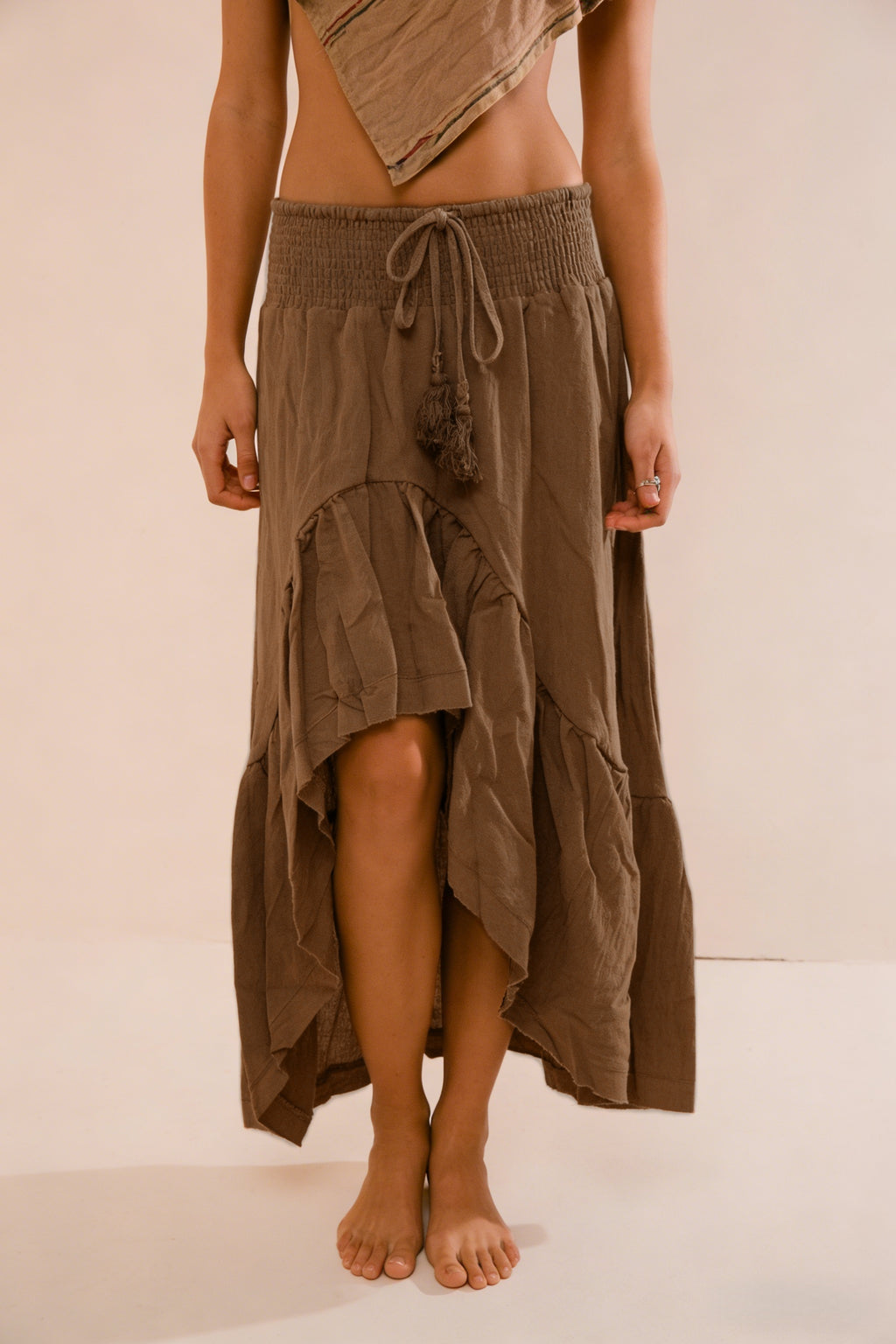 Ruffled High Low Boho Beach Maxi Skirt - Camel