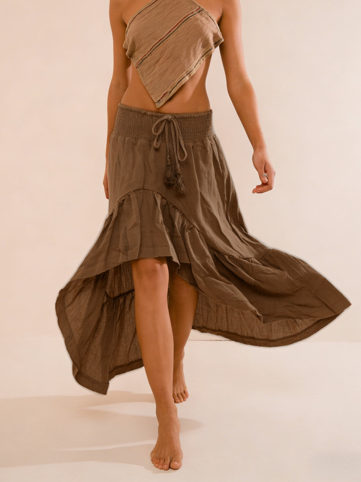 Ruffled High Low Boho Beach Maxi Skirt - Camel - 1