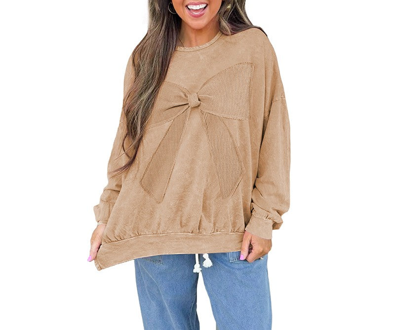 Bow Front Oversized Mineral Wash Sweatshirt - Khaki