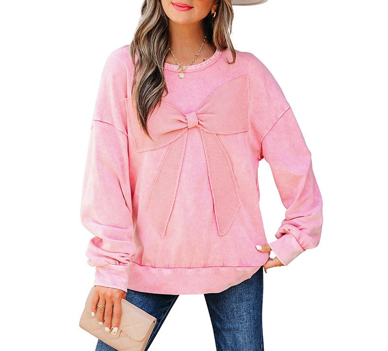 Bow Front Oversized Mineral Wash Sweatshirt - Pink