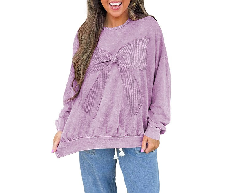 Bow Front Oversized Mineral Wash Sweatshirt - Purple