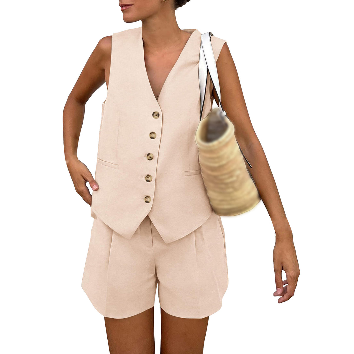 Buttoned Vest and Tailored Shorts Set - Apricot