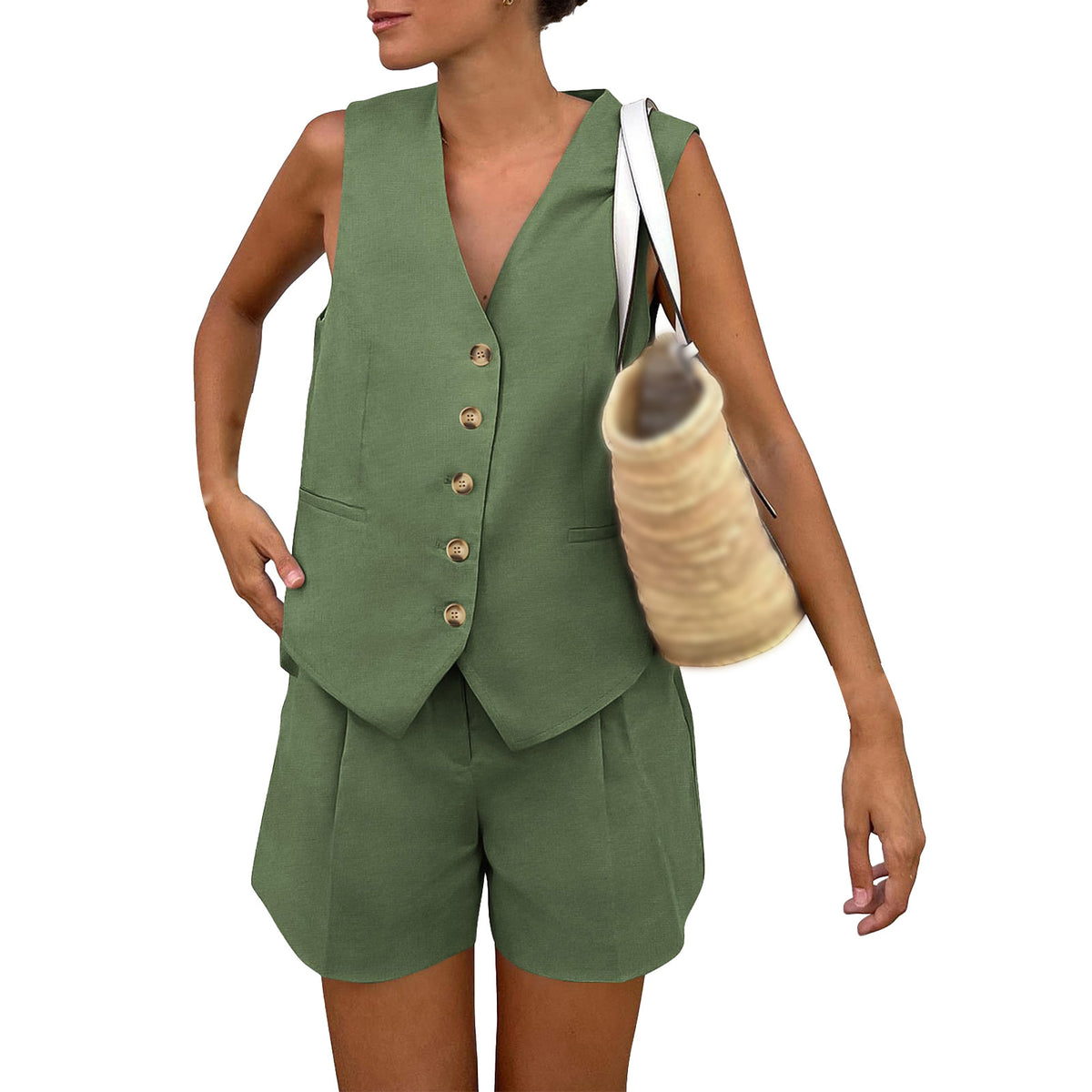 Buttoned Vest and Tailored Shorts Set - Green