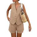 Buttoned Vest and Tailored Shorts Set - Khaki