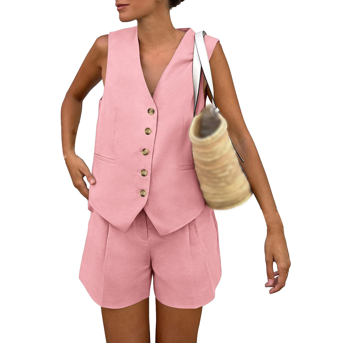 Buttoned Vest and Tailored Shorts Set - Pink