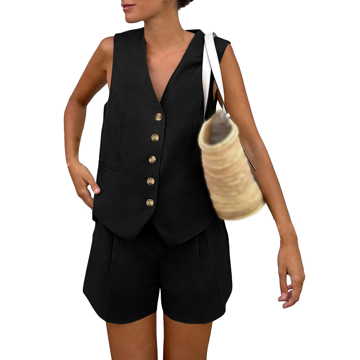 Buttoned Vest and Tailored Shorts Set - black