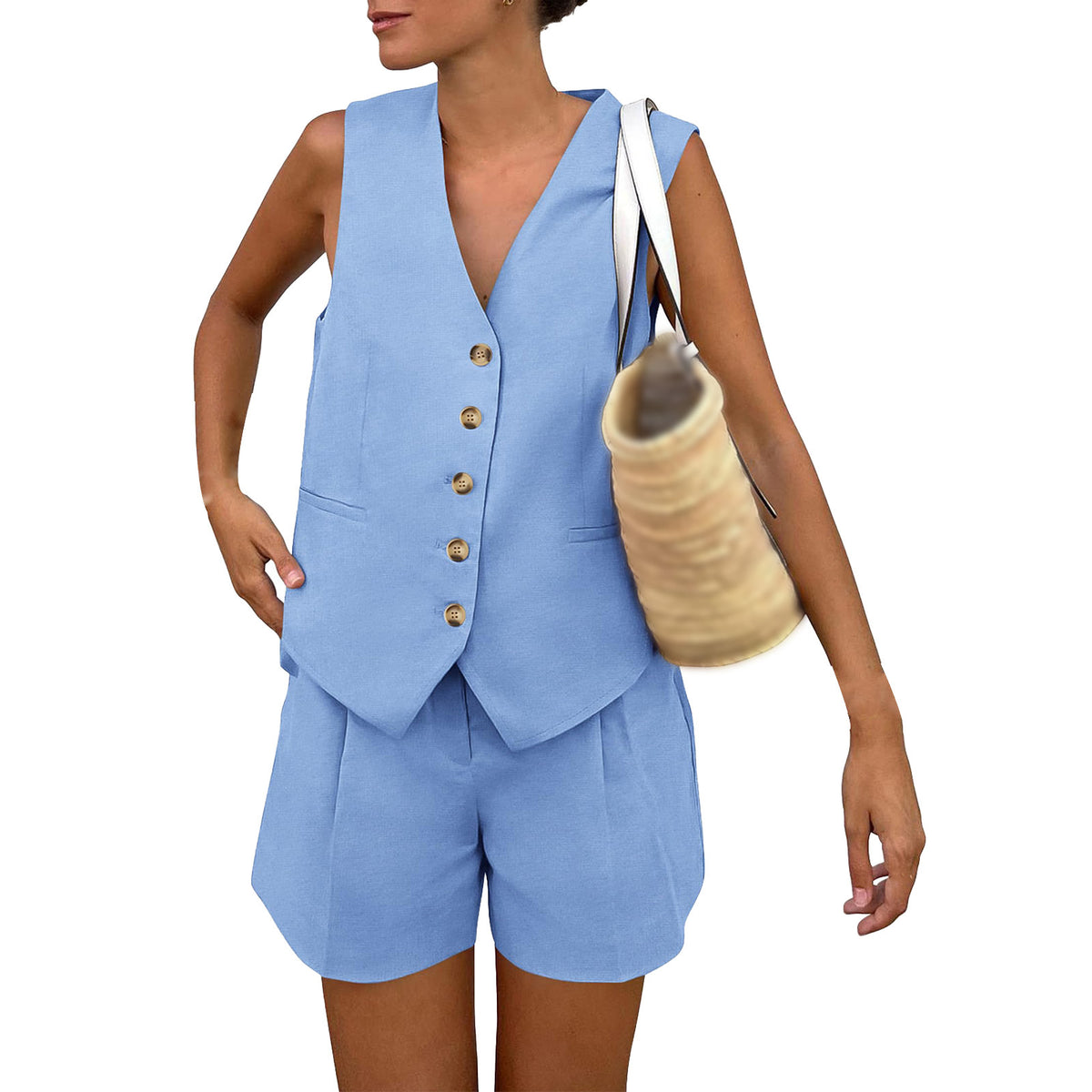 Buttoned Vest and Tailored Shorts Set - blue