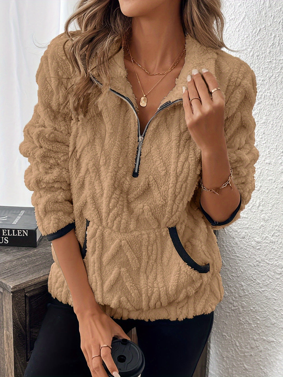 Textured Fleece Quarter Zip Pocket Sweatshirt - Khaki