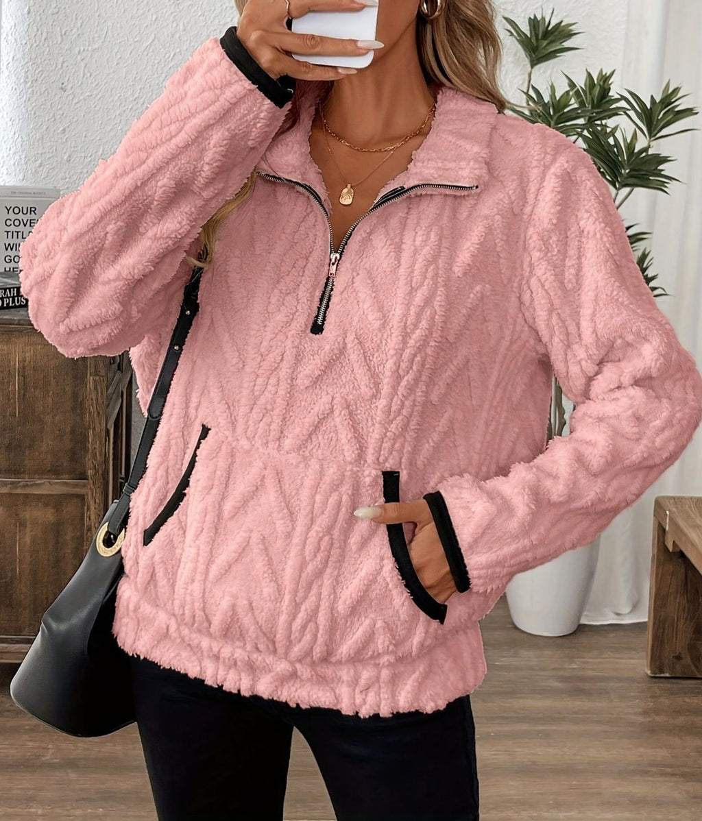Textured Fleece Quarter Zip Pocket Sweatshirt - Pink - 1