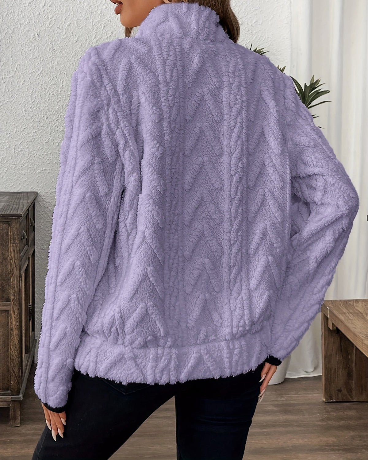 Textured Fleece Quarter Zip Pocket Sweatshirt - Purple - 1