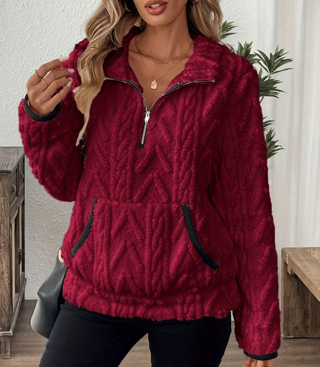 Textured Fleece Quarter Zip Pocket Sweatshirt - Wine_red - 1