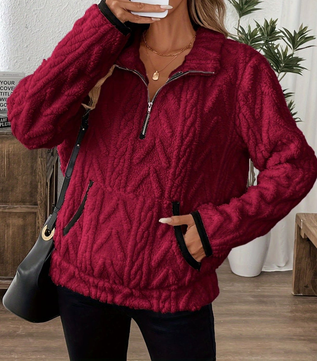 Textured Fleece Quarter Zip Pocket Sweatshirt - Wine_red - 2