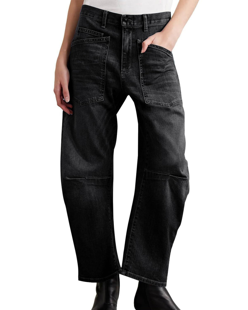 Curved Leg Patch Pocket High Rise Jeans - Black