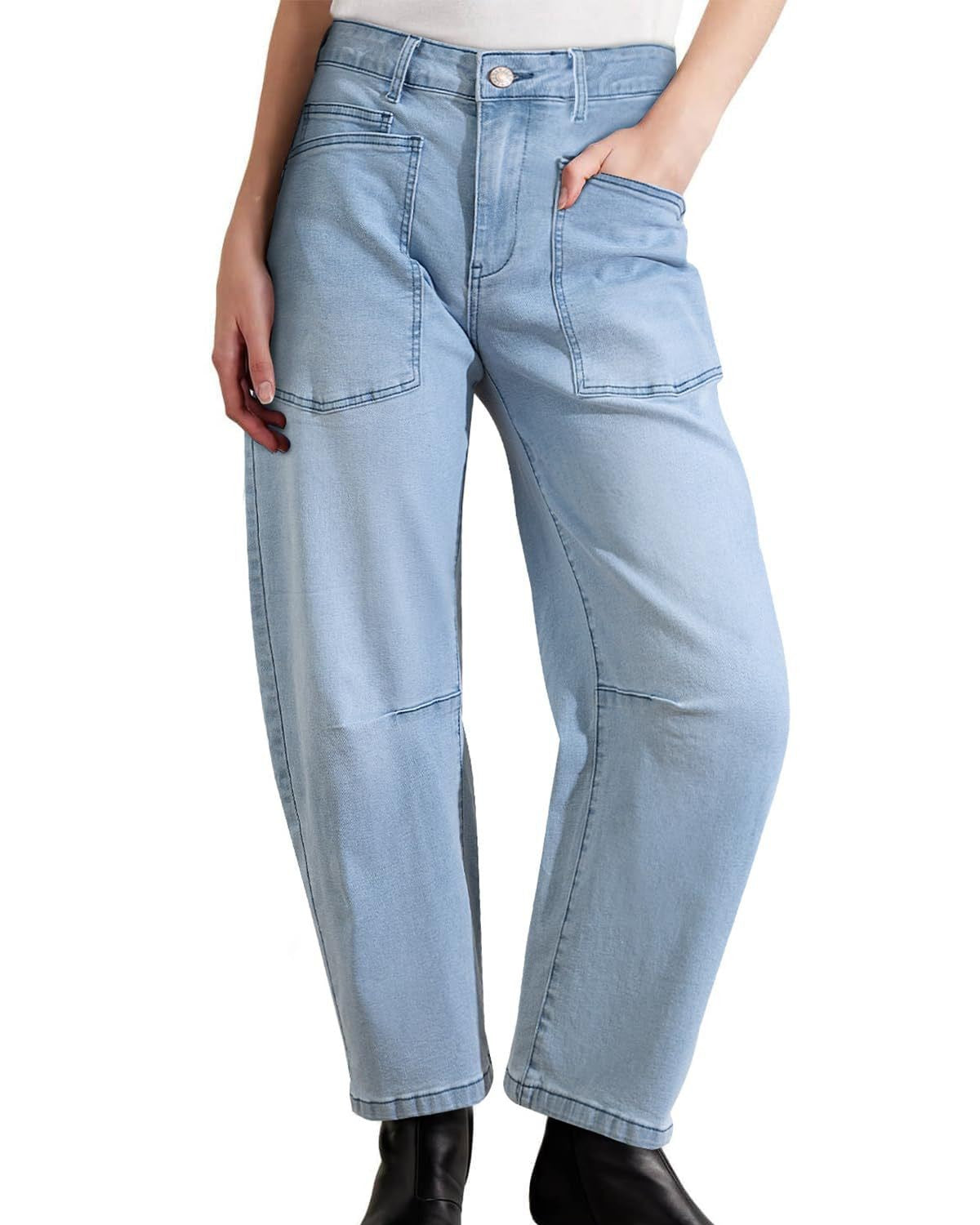 Curved Leg Patch Pocket High Rise Jeans - Light-Blue