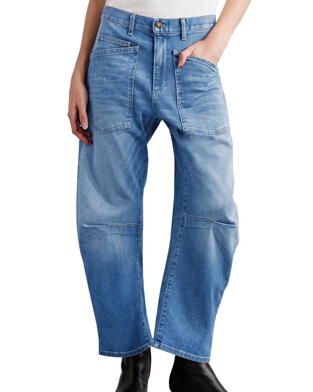 Curved Leg Patch Pocket High Rise Jeans - Mid-Blue