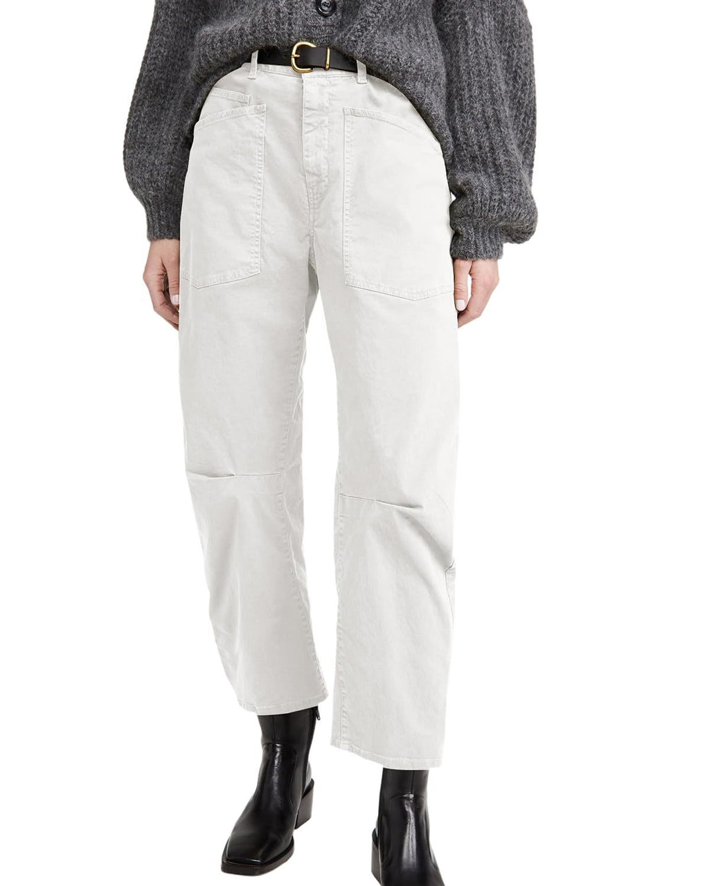 Curved Leg Patch Pocket High Rise Jeans - White