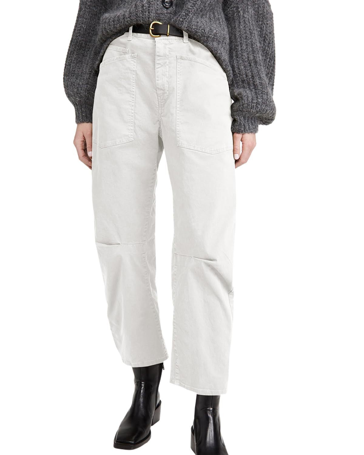Curved Leg Patch Pocket High Rise Jeans - White
