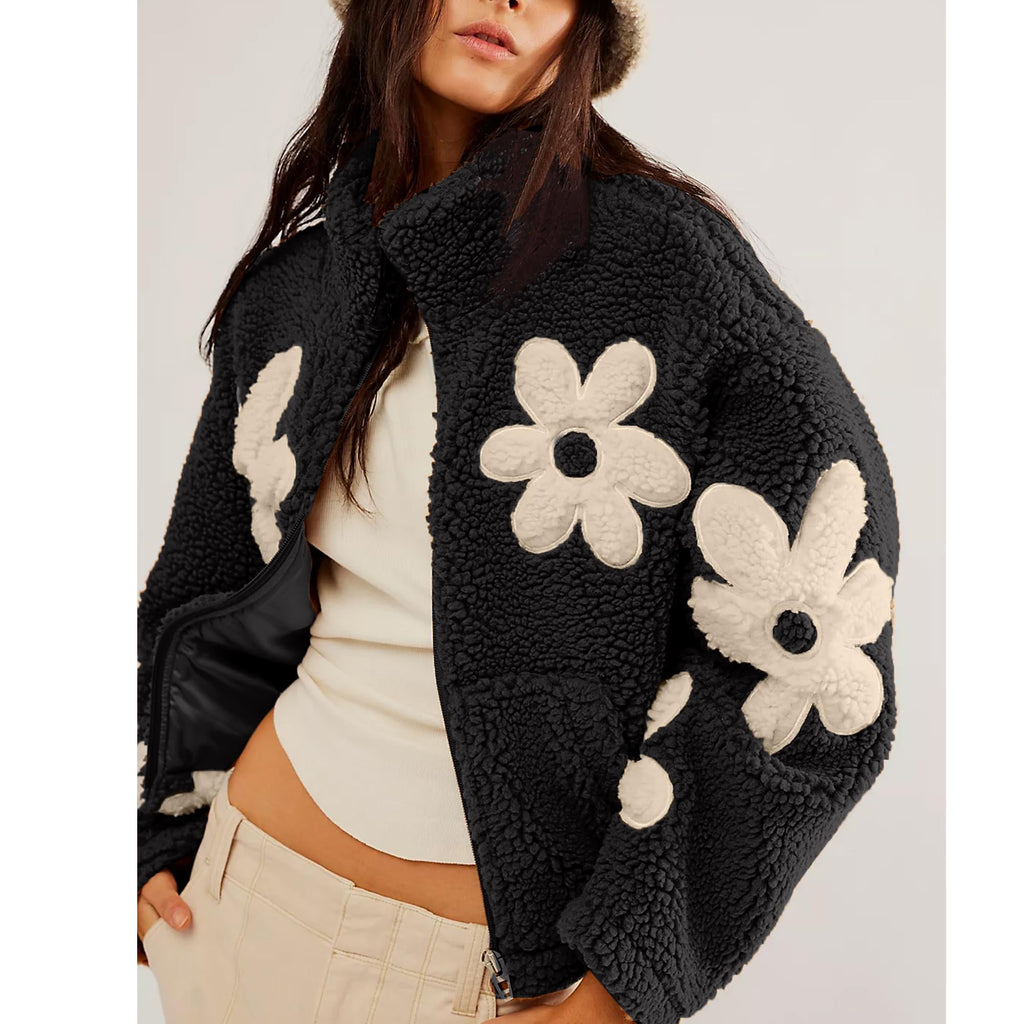 Daisy Applique Sherpa Fleece Coat - Black
