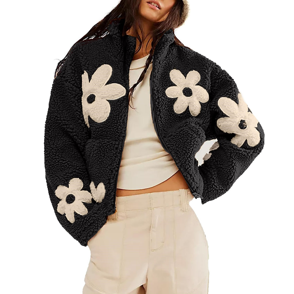 Daisy Applique Sherpa Fleece Coat - Black - 1