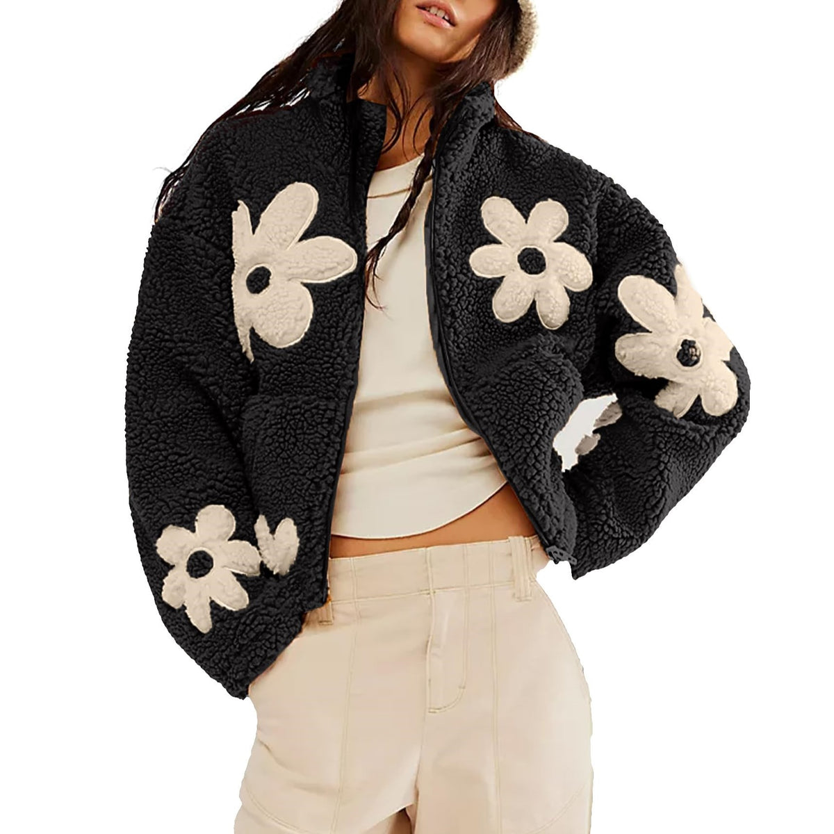 Daisy Applique Sherpa Fleece Coat - Black - 1