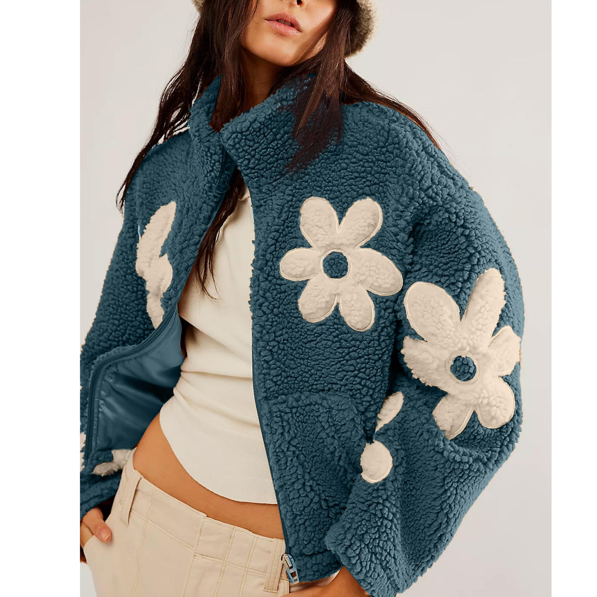 Daisy Applique Sherpa Fleece Coat - Blue - 1