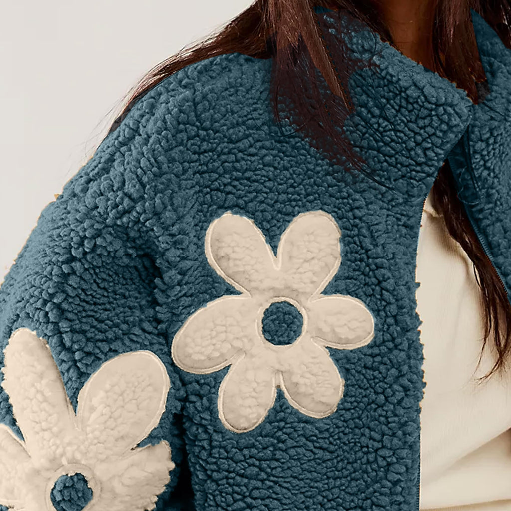 Daisy Applique Sherpa Fleece Coat - Blue - 2