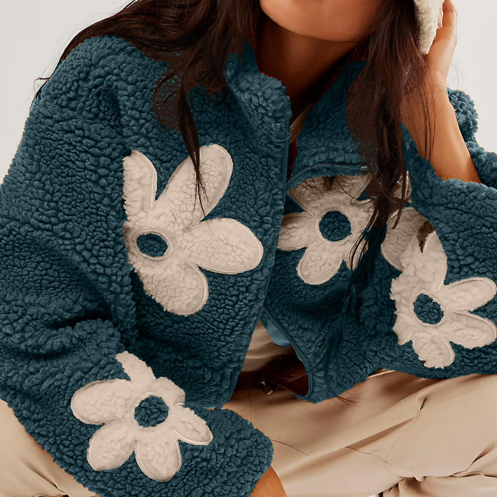 Daisy Applique Sherpa Fleece Coat - Blue - 3