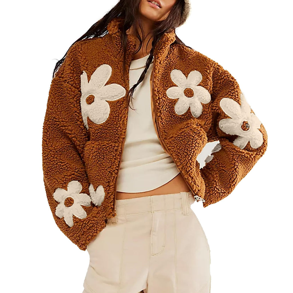 Daisy Applique Sherpa Fleece Coat - Caramel