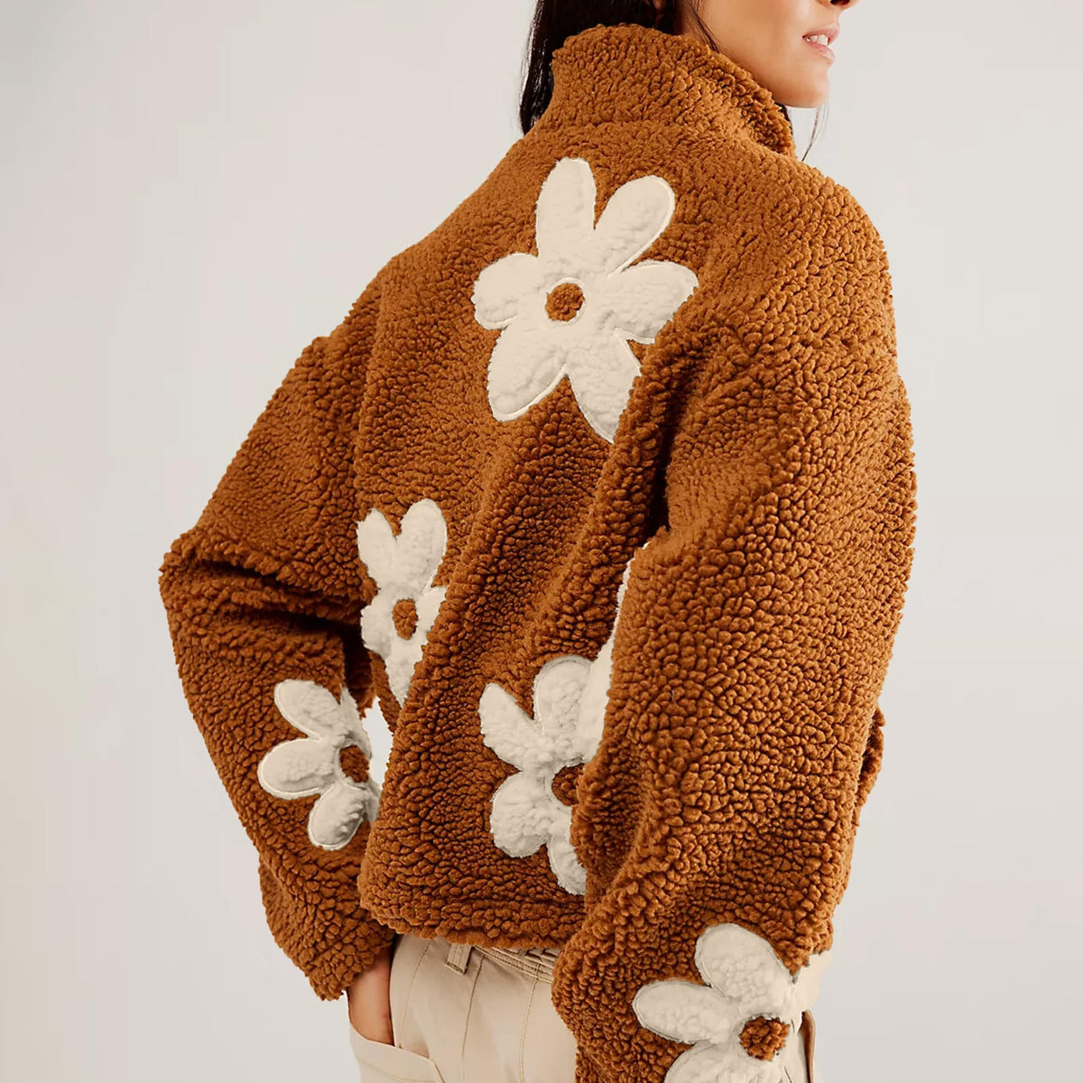 Daisy Applique Sherpa Fleece Coat - Caramel - 2