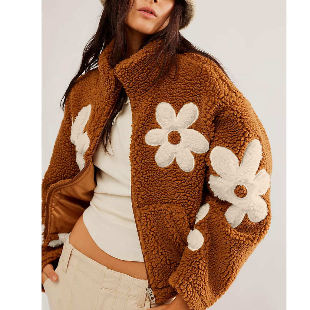 Daisy Applique Sherpa Fleece Coat - Caramel - 3