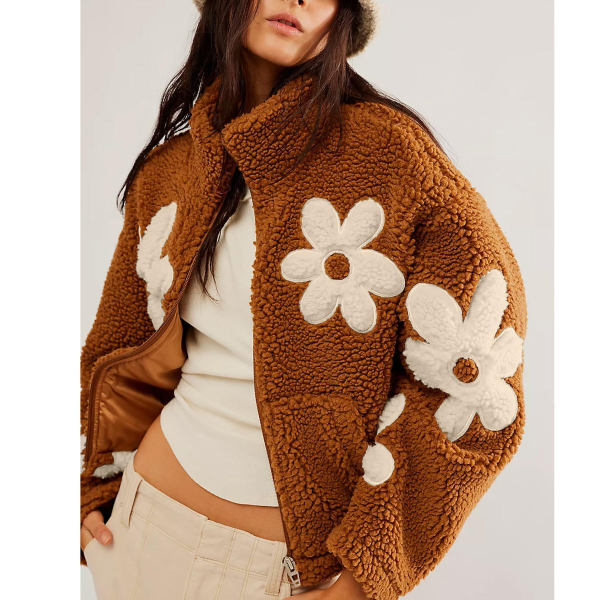 Daisy Applique Sherpa Fleece Coat - Caramel - 3