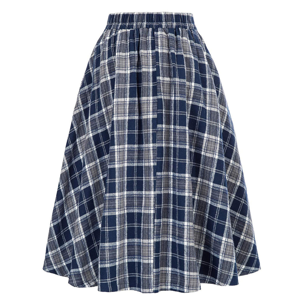Retro Plaid High Waist Midi Skirt - Blue
