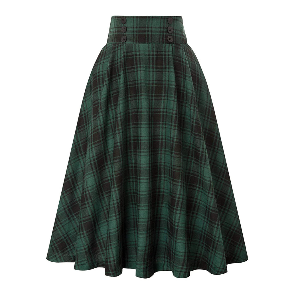 Retro Plaid High Waist Midi Skirt - Green