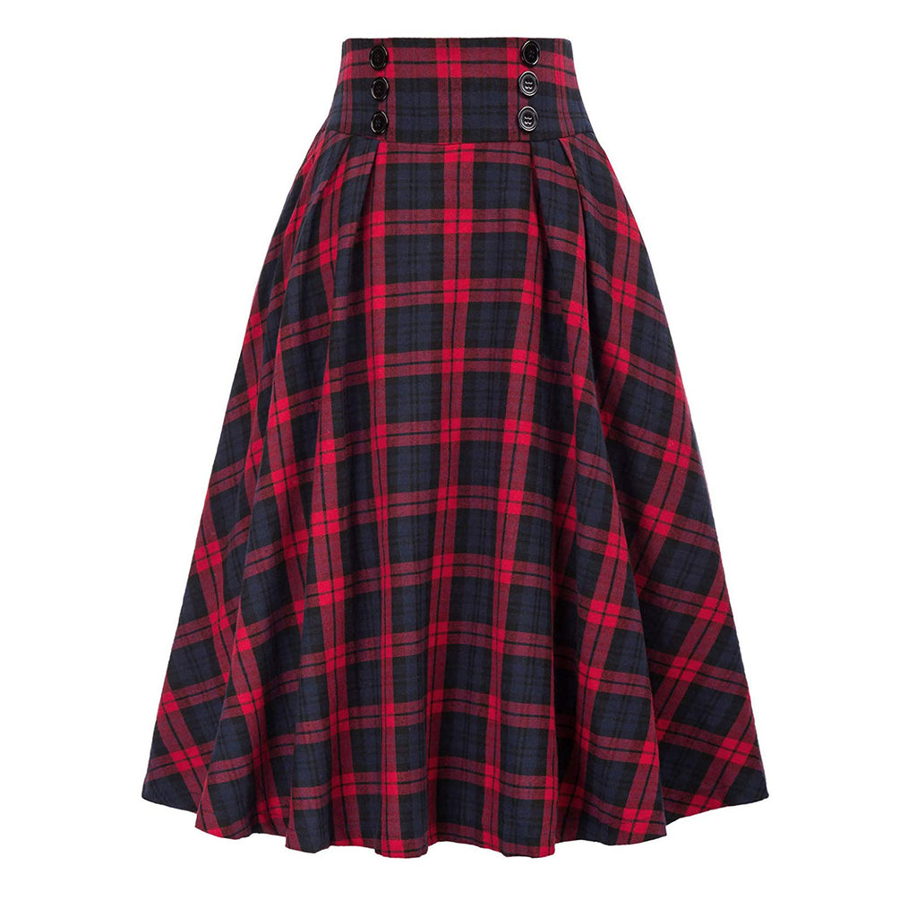 Retro Plaid High Waist Midi Skirt - Red - 1