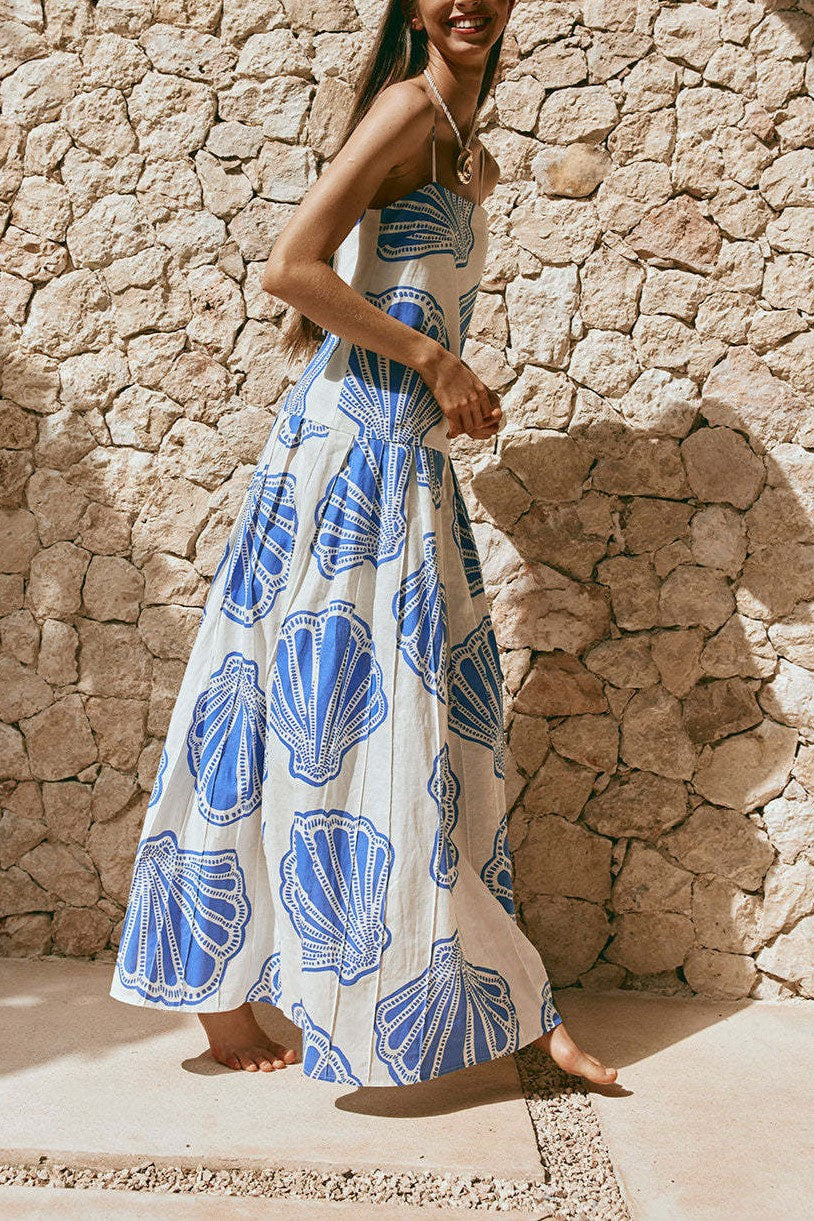 Seashell Print Drop Waist Maxi Dress - white - 2