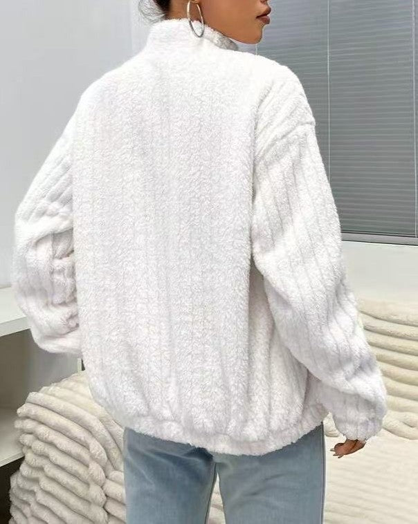 Textured Plush Zip Up Stand Collar Jacket - White - 1