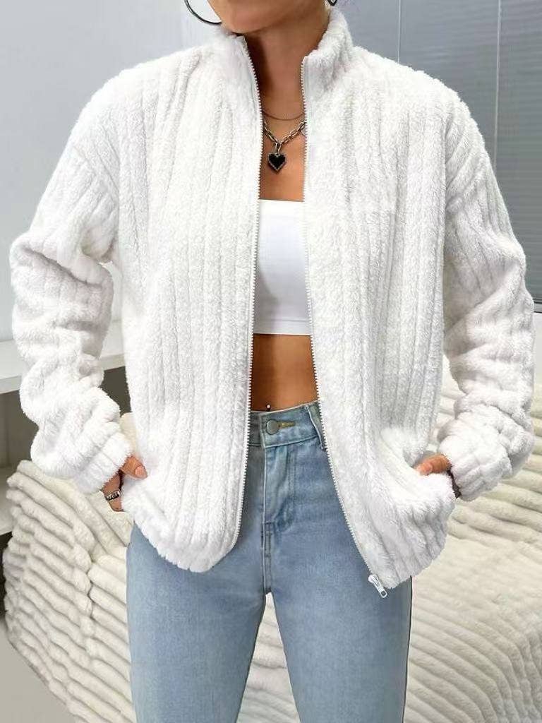 Textured Plush Zip Up Stand Collar Jacket
