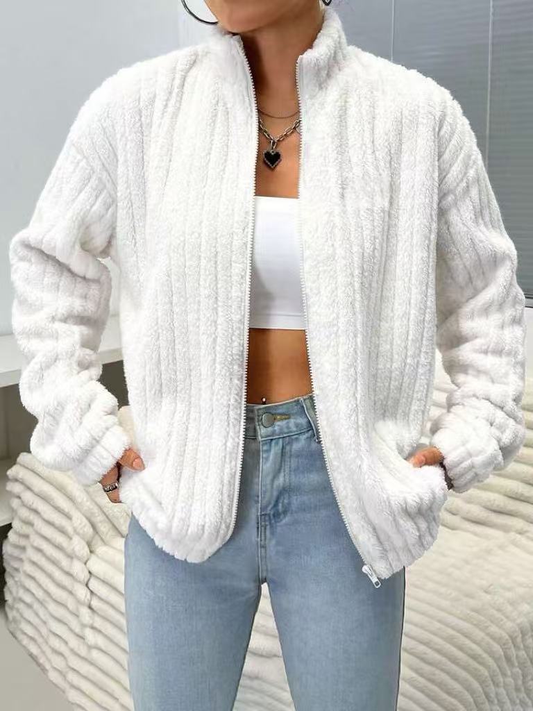 Textured Plush Zip Up Stand Collar Jacket - view 1