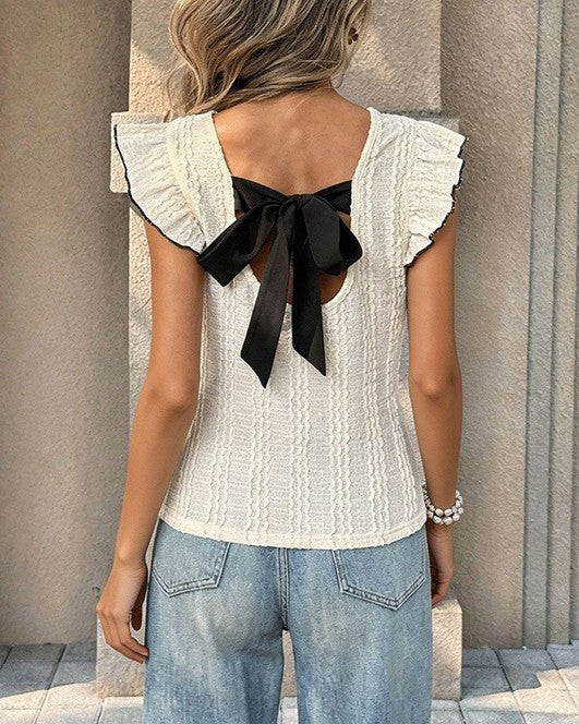 Ruffle Cap Sleeve Bow Back Tee - Apricot - 2