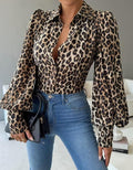 Satin Leopard Balloon Sleeve Button Blouse - Leopard