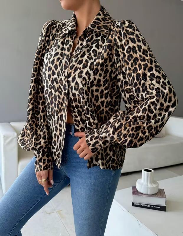 Satin Leopard Balloon Sleeve Button Blouse - Leopard - 1