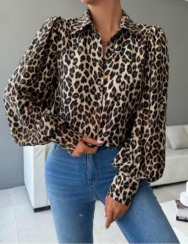 Satin Leopard Balloon Sleeve Button Blouse - Leopard - 2